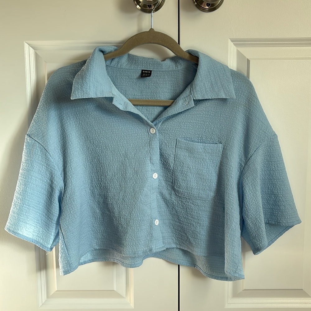 Semi-Sheer Textured Light Blue Crop Button Up Tee Shirt
